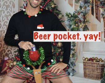 メンズ アグリー クリスマス セーター、リキュール ビール ホルダー