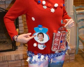 Large, insert your photo, Ugly Christmas Sweater, women, Personalize, beer or Liquor Holder, Party Sweater,  alcohol, party pocket