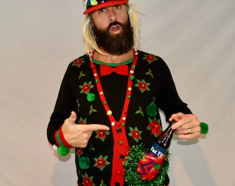 Large, Ugly Christmas sweater, Flask or Beer holder Party Sweater, new years eve, alcohol, one of a kind, party pocket