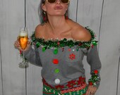 Medium, Ugly Christmas sweater, Women, off shoulder, sexy, Party Sweater, ugly xmas sweater, one of a kind, jumper