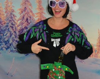 Large, Ugly Christmas Sweater, Women's, beer or liquor holder pocket, Party Pocket, one of a kind, drink pocket, jumper, vintage