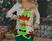 Small, Ugly Christmas sweater, Women, Dancing elf, Party Sweater, ugly xmas sweater, one of a kind, tacky, off the shoulder