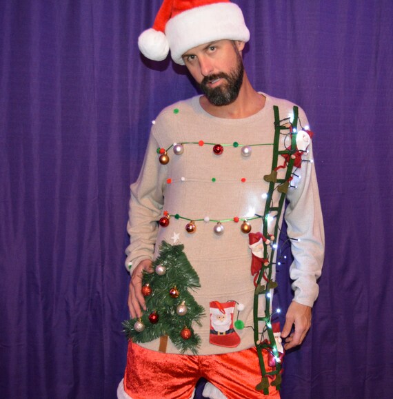 XL Mens Ugly Christmas Sweater Santa Hanging Christmas Lights Party Sweater Funny Creative Christmas Tree Unique Contest Winner Etsy