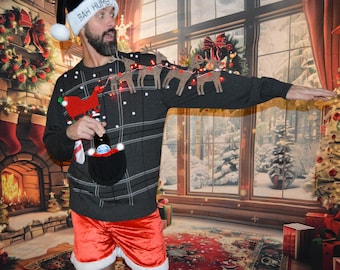 2x, mens, Ugly Christmas sweater, holds a beer, reindeer up your arm with christmas lights, contest winner, creative, unique, drink pocket