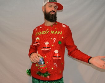 Large, Ugly Christmas sweater, Liquor or Beer holder, candyman, Party Sweater, light up, new years eve, alcohol, santa, party pocket