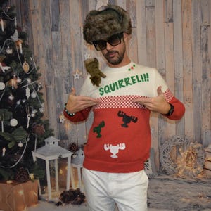 Muti size, Ugly Christmas Sweater, Squirrel, Griswold, National Lampoons Christmas vacation inspired, men&#39;s, stuffed squirrel, 3 styles