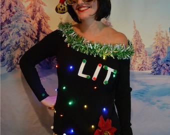 Multi size, Sexy Ugly Christmas sweater, Women, off the shoulder, light up, get lit, Party Sweater, cute, jumper