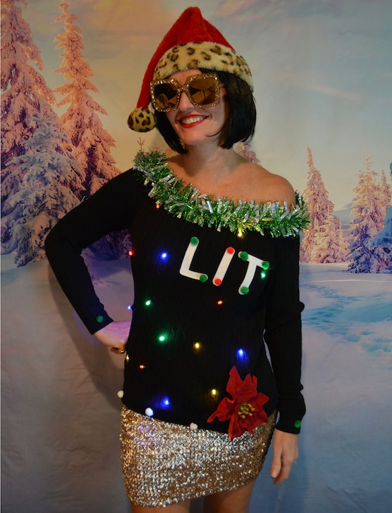 Multi Size Sexy Ugly Christmas Sweater Women off the Shoulder Light Up Get Lit Party Sweater Cute Jumper Etsy