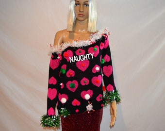 Large, sexy Ugly Christmas sweater, Off shoulder with white garland, naughty, Women, jumper, hearts