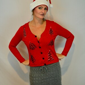 P Small, Ugly Christmas sweater, women, vintage, Sexy, with beaded Christmas trees, grandma sweater, ugly sweater party, one of the original