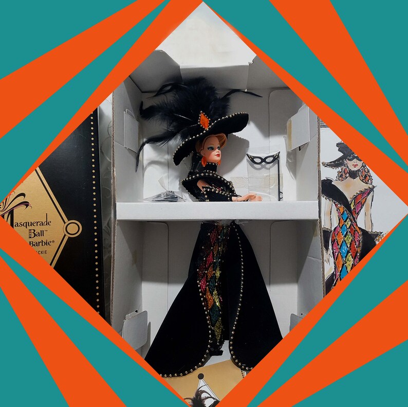 SALE MASQUERADE BALL Barbie 1992 Bob Mackie Harlequin Gown Glass Beads Velvet Black Overskirt