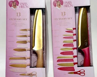 Paris Hilton 13 Pc Cutlery Set Pink Glitter Knife Block Gold Titanium Knives CHOOSE from 2 COLORS