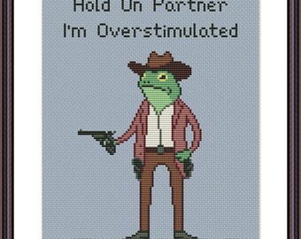 Hold on Im Overstimulated Funny Cross Stitch Pattern Cowboy Frog