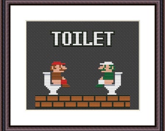 Super Mario Cross Stitch Pattern Video Game Funny PDF WC Toilet