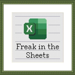 Puede incluir: Arte de punto de cruz en un marco verde. El dise&ntilde;o presenta el logotipo de Microsoft Excel en verde y blanco, encima del texto "Freak in the Sheets" en negro, sobre un fondo blanco con l&iacute;neas horizontales.
