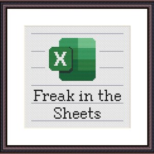 Puede incluir: Arte de punto de cruz con el logotipo verde de Microsoft Excel con una "X" blanca. Debajo del logotipo, el texto dice "Freak in the Sheets" en negro. La obra de arte est&aacute; enmarcada en un marco marr&oacute;n oscuro.