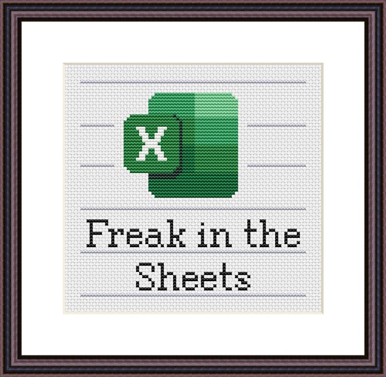 Puede incluir: Arte de punto de cruz con el logotipo verde de Microsoft Excel con una "X" blanca. Debajo del logotipo, el texto dice "Freak in the Sheets" en negro. La obra de arte est&aacute; enmarcada en un marco marr&oacute;n oscuro.