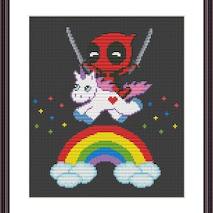 May include: A red and black Deadpool character riding a white unicorn with a pink mane and tail over a rainbow with clouds. The background is black with colourful stars.