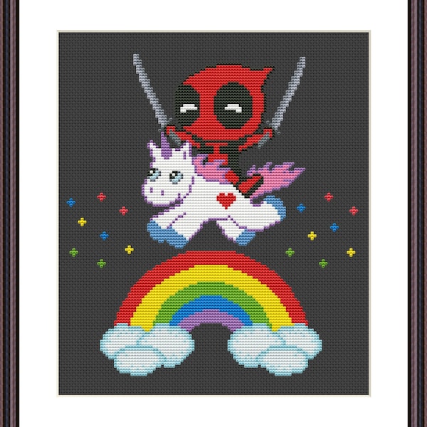 Superhero and Unicorn Funny Cross Stitch Pattern PDF Baby Deadpool - Funny Popular Meme Adult Sarcastic Snarky Sublimation