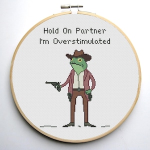 Ik ben overstimuleerd grappig kruissteekpatroon cowboy kikker