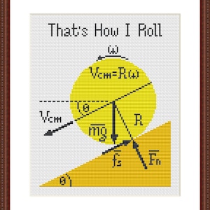 Könnte beinhalten: Ein Kreuzstichmuster mit dem Text "That's How I Roll" und einem Diagramm eines gelben Kreises, der eine gelbe Rampe herunterrollt. Das Diagramm enthält physikalische Gleichungen und Beschriftungen für die auf den Kreis wirkenden Kräfte.