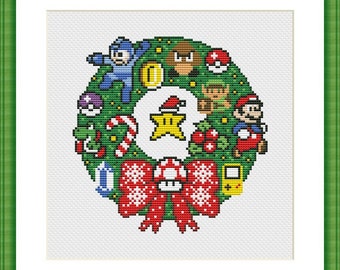 8 Bit Christmas Wreath Funny Cross Stitch PDF Pattern Video Game Pattern Christmas