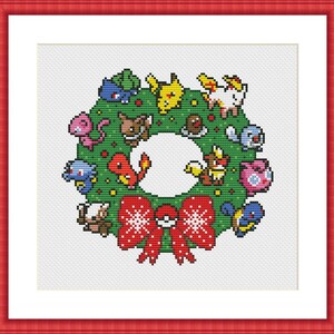 May include: A green Christmas wreath with a red bow and snowflake design.  The wreath is decorated with various Pokemon characters, including Pikachu, Charmander, Squirtle, and Bulbasaur.