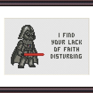 Puede incluir: Una imagen pixelada de Darth Vader de Star Wars sosteniendo un sable de luz rojo. El texto "Encuentro tu falta de fe inquietante" está escrito debajo.