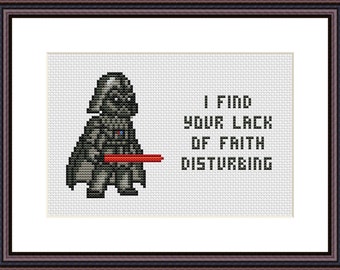 Può includere: Un'immagine pixelata di Darth Vader di Star Wars che tiene una spada laser rossa. Il testo "Trovo la tua mancanza di fede inquietante" è scritto sotto.