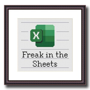 Puede incluir: Obra de arte de punto de cruz en un marco marr&oacute;n oscuro. El dise&ntilde;o presenta el logotipo de Microsoft Excel en verde y blanco, encima del texto "Freak in the Sheets" en negro. El fondo es un patr&oacute;n de cuadr&iacute;cula gris claro, que se asemeja a papel cuadriculado.