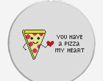 Funny Valentine's Days Cross Stitch PDF Pattern Pizza - you have a pizza my heart, love card.