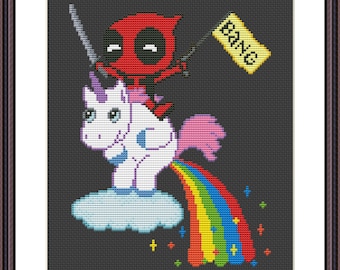 Cross Stitch Pattern PDF Superhero and Unicorn Pooping Rainbow Unicorn Funny Popular Meme Adult Sarcastic Snarky Sublimation