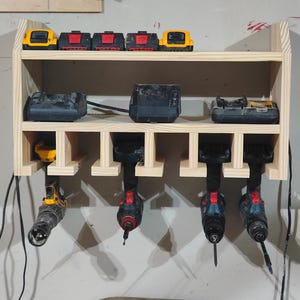 Power Tool Organizer Storage Shelf Wall Hanging Holds Six power tools.  Made of solid wood