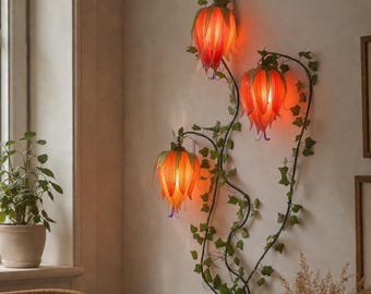 Lámpara de pared con 3 flores trepadoras naranjas de resina, pieza única, pintada a mano.