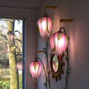 3-light wall lamp bright buds of climbing pink flowers handmade and painted, made to order