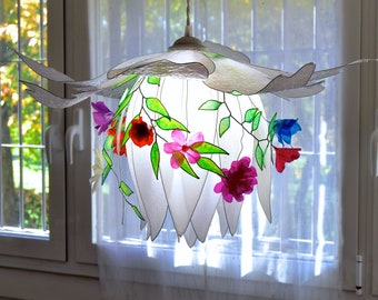 white chandelier with leaves and flowers, unique handmade happy suspension lamp,  modern fantastic romantic flowery pendant lamp