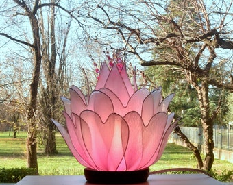 Flower lamp lotus flower shape white and pink, handmade and painted resin table lamp, spiritual mystical ambient light