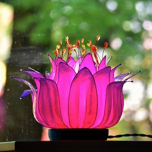 table lamp fuchsia lotus flower shaped resin made for a holistic spiritual environment