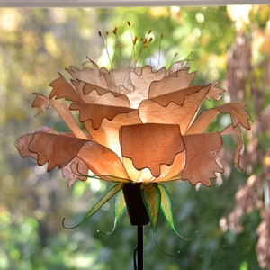 floor lamp in the shape of a peony flower handmade and painted, fantastic stand lamp resin made, warm colors of the earth and green leaves image 5