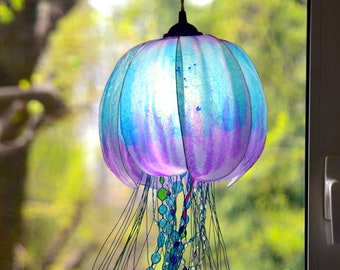 Jellyfish hanging light, purple and light blue handpainted, resin chandelier outlandish