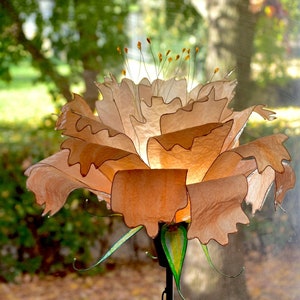 floor lamp in the shape of a peony flower handmade and painted, fantastic stand lamp resin made, warm colors of the earth and green leaves image 1