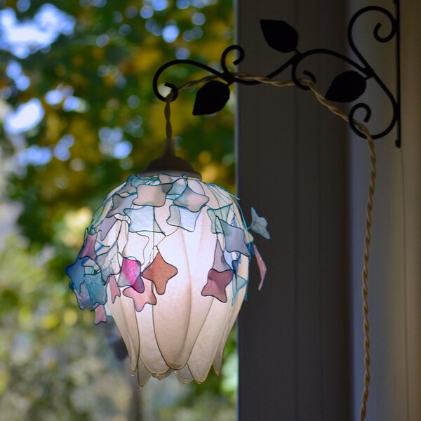 wall lamp bud flower of wisteria, soft night light children room, flower shape lamp in light blue and pink, nursery light