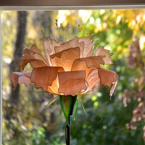 floor lamp in the shape of a peony flower handmade and painted, fantastic stand lamp resin made, warm colors of the earth and green leaves image 4