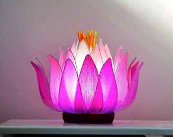 table lamp flower shape fuchsia pink and white, lotus flower light resin made, spiritual light for prayer room