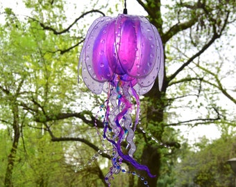 purple jellyfish lamp handmade and painted, suspension light coastal ambient style, beach house lighting, resin made single piece