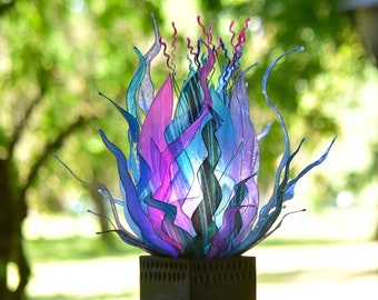 fantastic table lamp in resin, shape of a blue purple green marine plant, unique piece light fountain