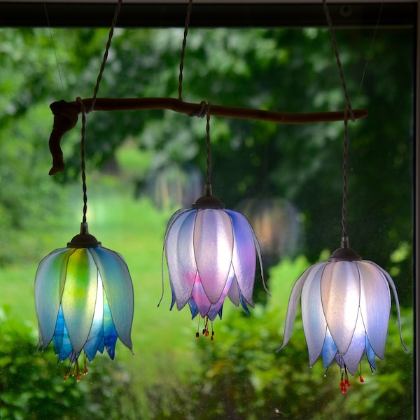 hanging lamp 3 lights flower shape MAKE TO ORDER, romantic style country house, suspension lamp colored resin handmade