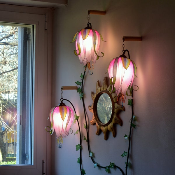 3-light wall lamp: bright buds of climbing pink flowers handmade and painted,