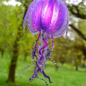 purple jellyfish lamp handmade and painted, suspension light coastal ambient style, beach house lighting, resin made single piece image 10