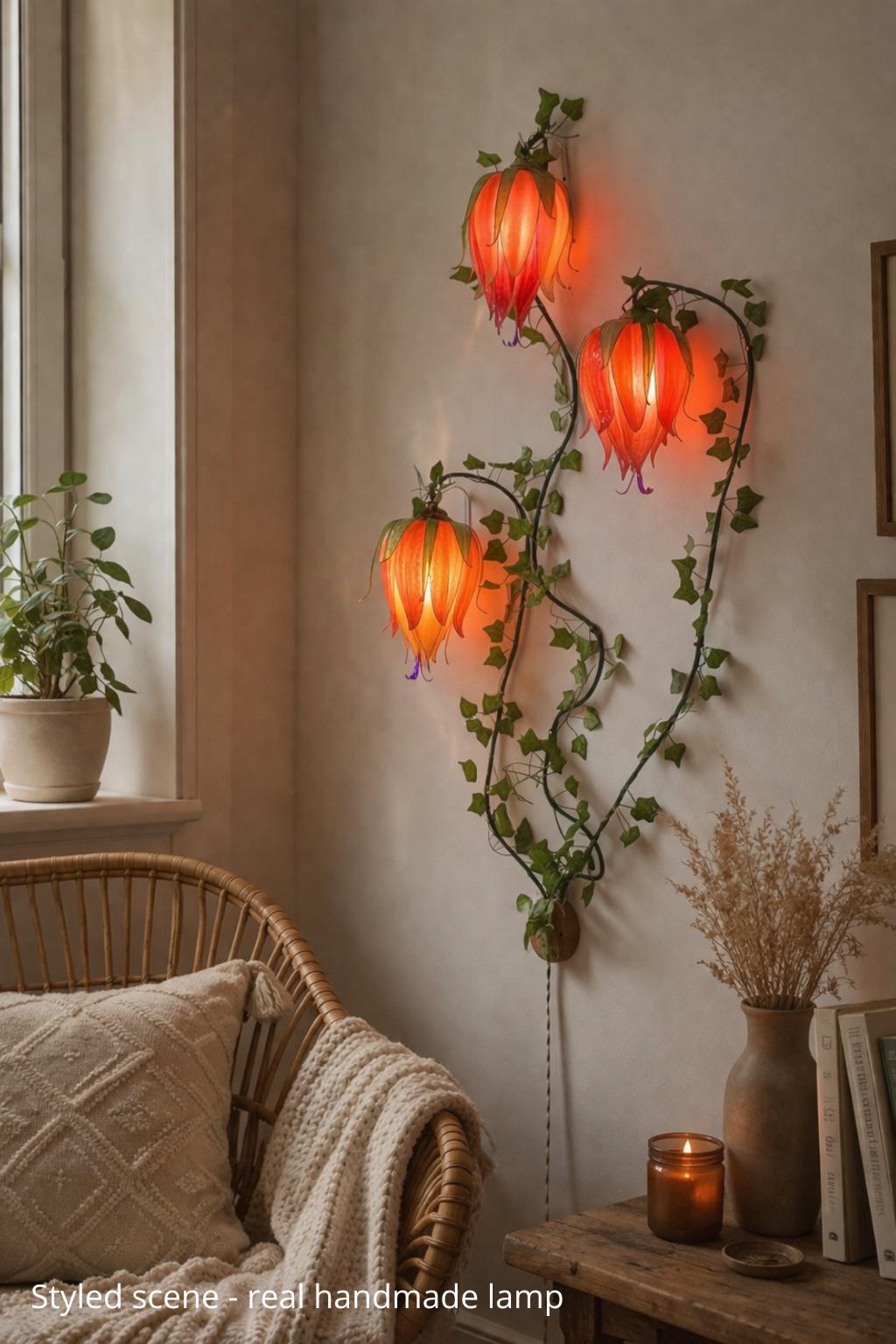 Wall Lamp With 3 Orange Climbing Flowers, Unique Piece Made to